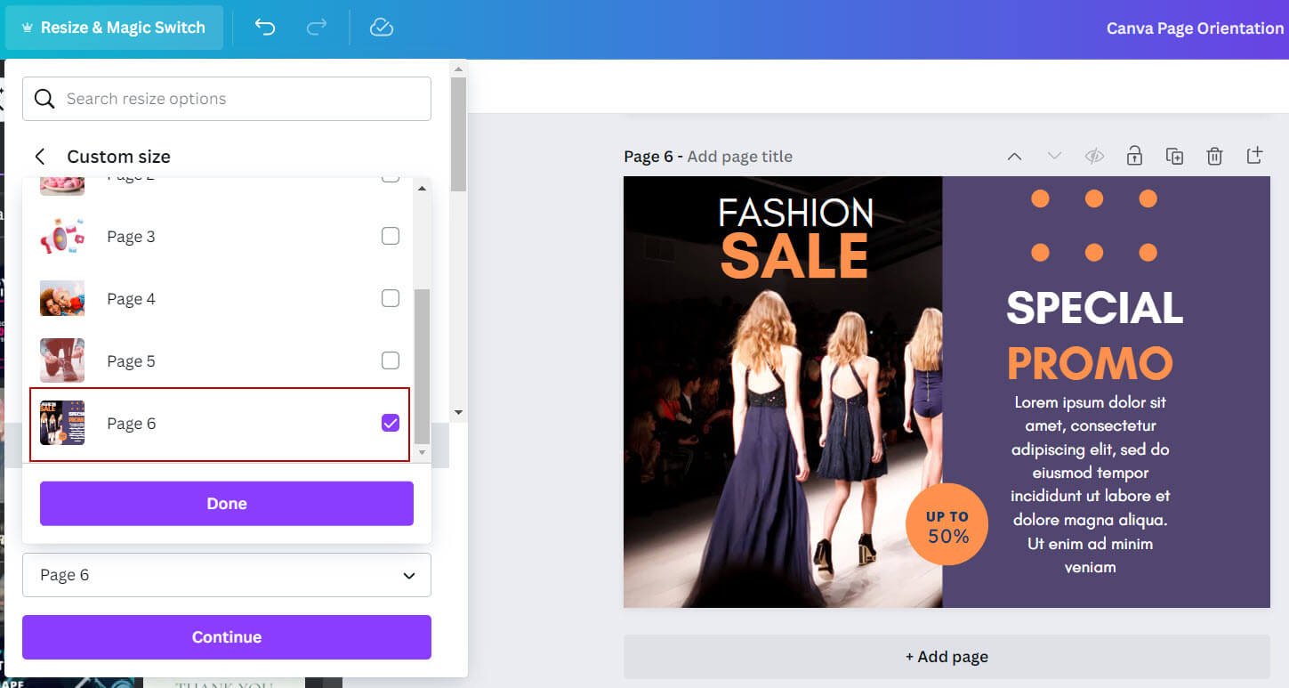 Individual page selection in Canvas resize feature for specific orientation edit