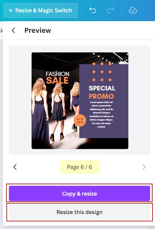 Preview in Canva with Copy resize button for new orientation