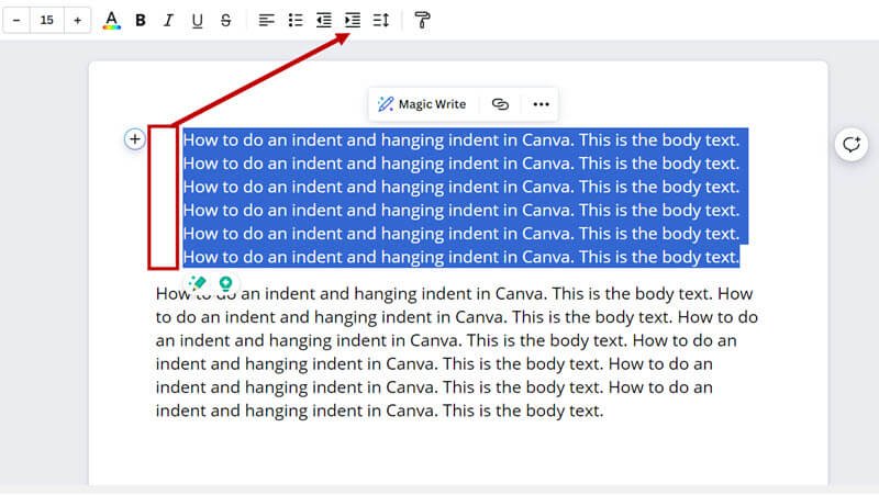 Block or paragraph indent in Canva Docs with the Increase Indent option