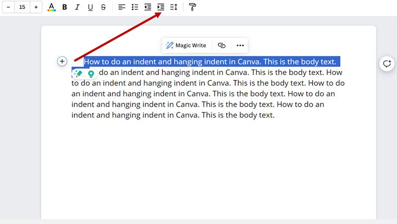 First line indent in Canva Docs with the Increase Indent option