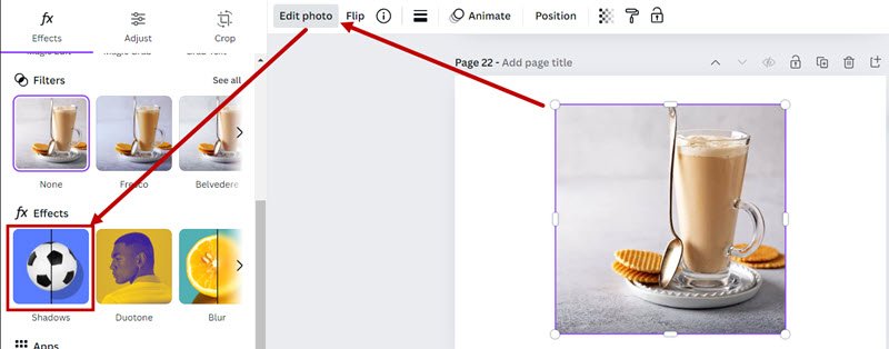 how to add drop shadow to images in canva select the graphic then Edit photo. and then shadows