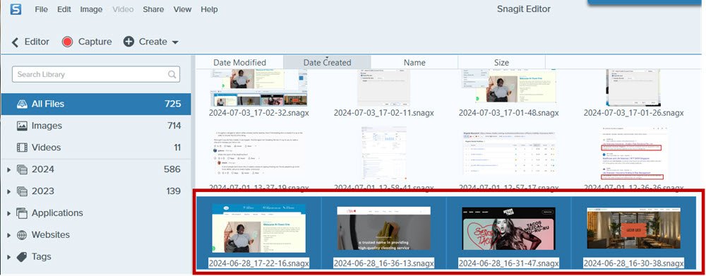 In the Snagit library select all the screenshots you want to combine