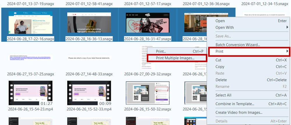 Right click on all the scteenshots and select Print and then Print Multiple Images