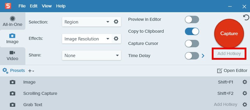 Return to Snagit and click below the red capture button to assign a hotkey