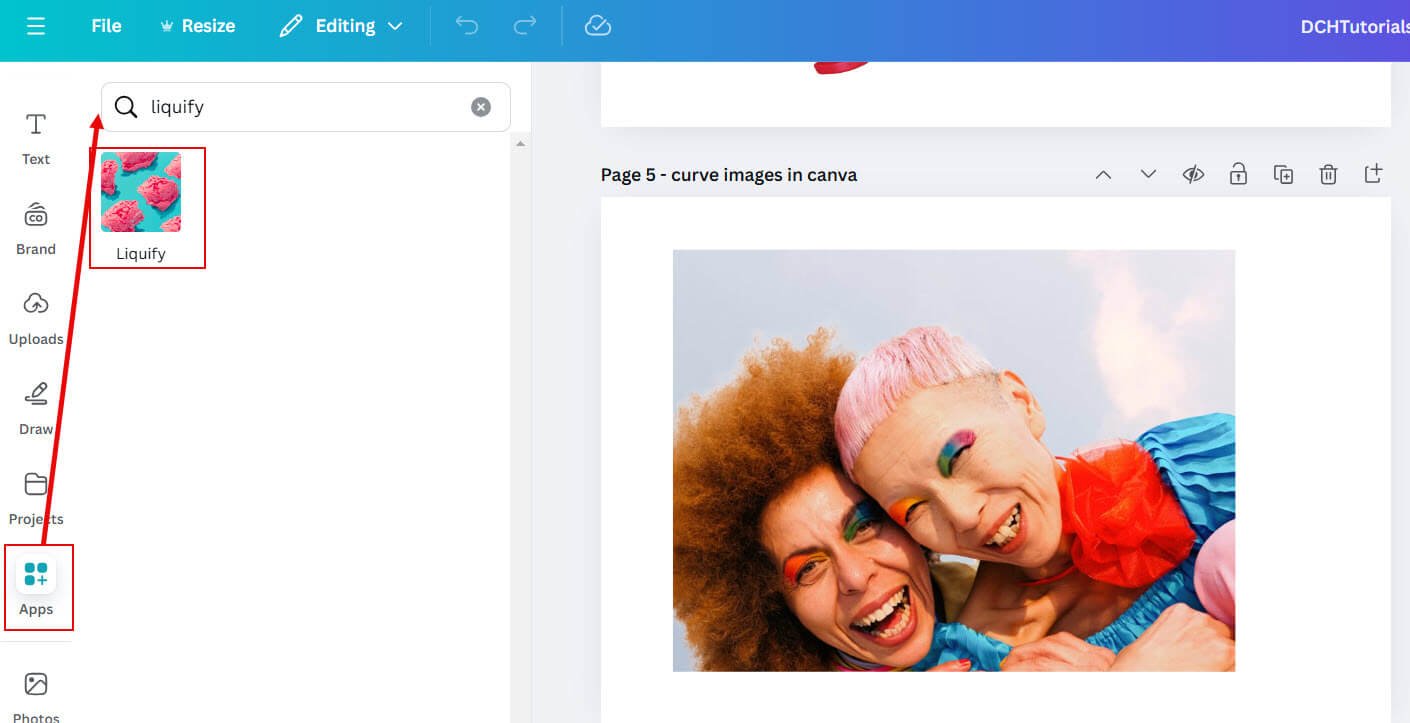 Find the Liquify tool under Canva apps