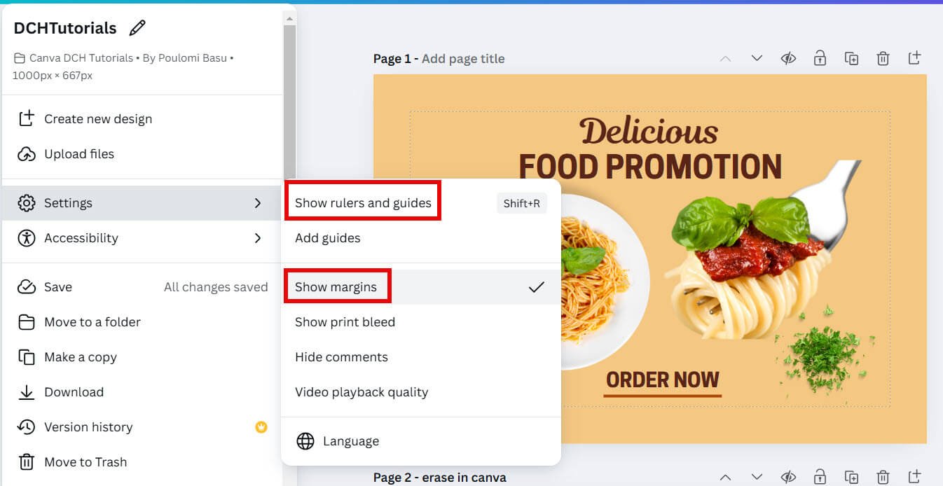 Open Margin and Guide options in Canva