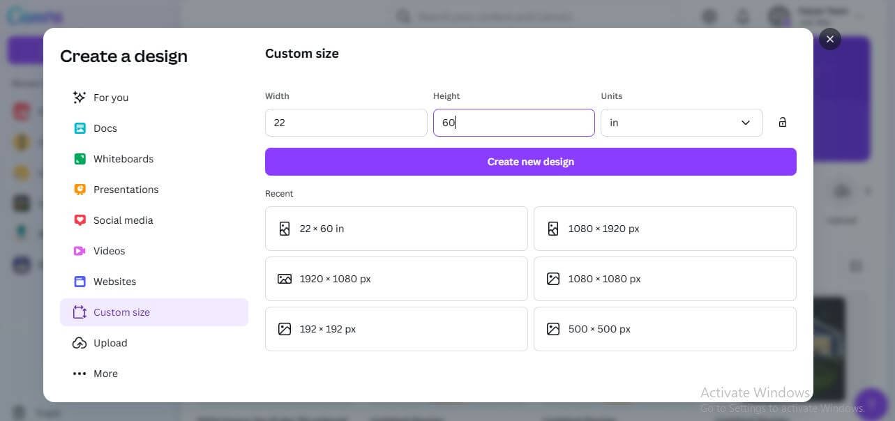 set the custom canva size